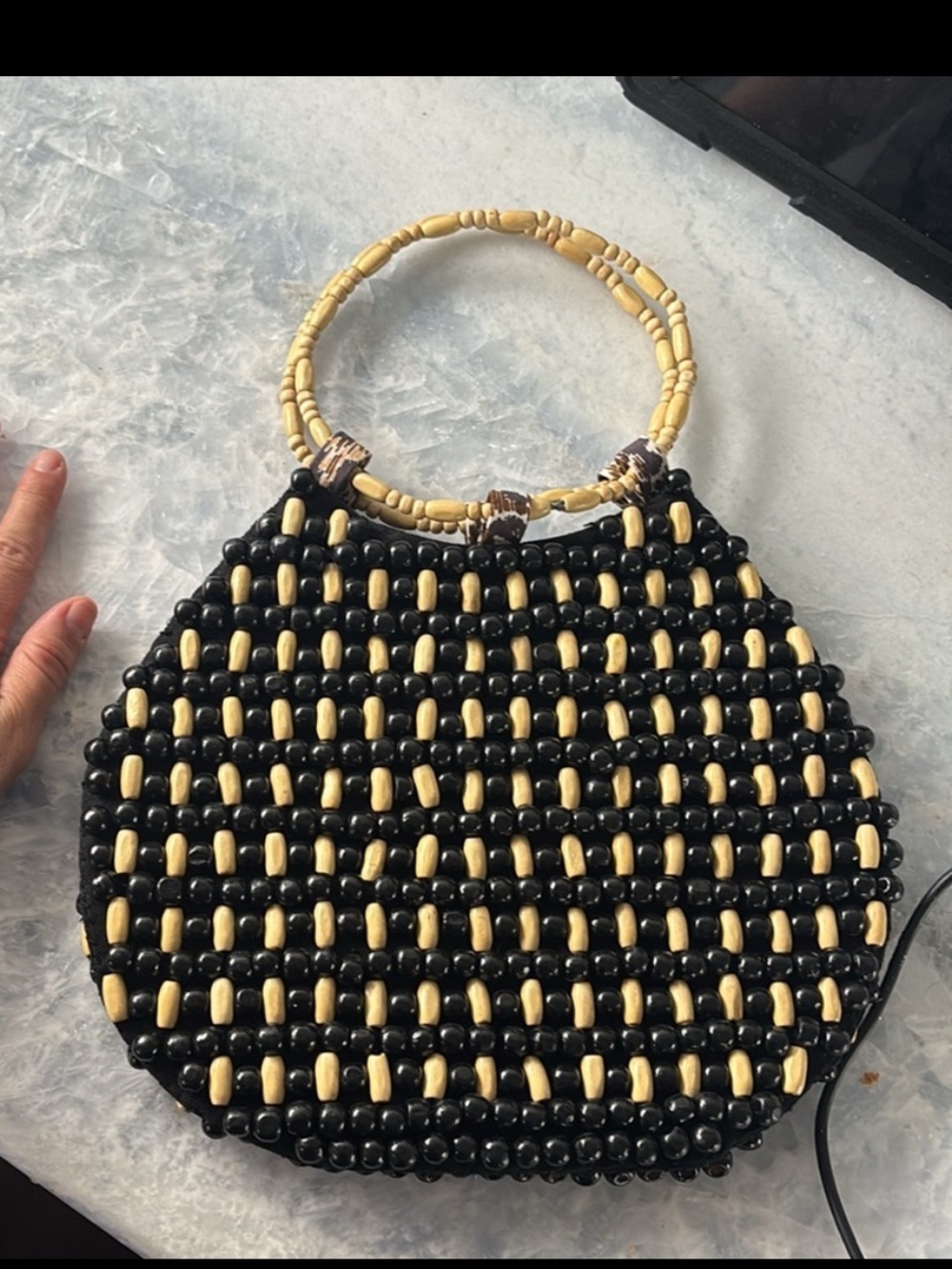 Anthropologie Black and Tan Beaded Bag with beaded handle